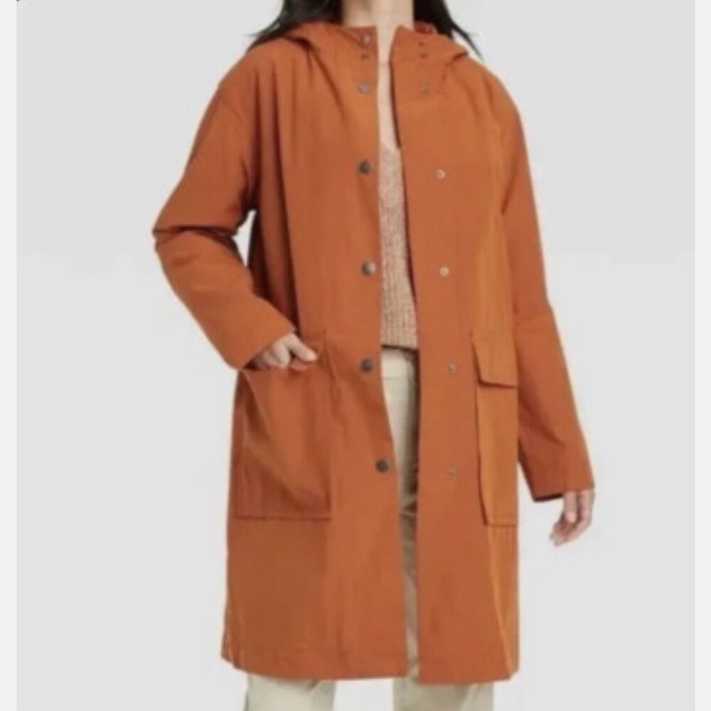 A New Day Rain Coat Womens Size S Burnt Orange Long Hooded Snap Front